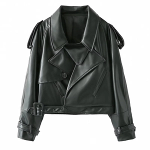 Detail of a vintage black faux leather jacket featuring a wide lapel and belted hemline