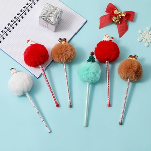 Cartoon Christmas pom-pom ballpoint pens with Santa, snowman and deer characters