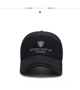 Close-up of black breathable mesh baseball cap with silver Outdoor Sport shield embroidery