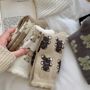 Cute cartoon coral fleece mid-calf socks for women featuring embroidered bear patterns