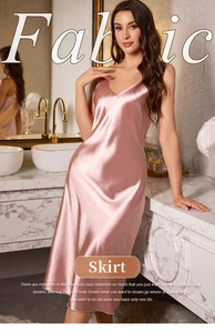Detail view of pink satin nightgown fabric with smooth silk texture and V-neck design