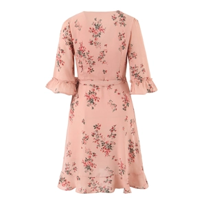 Back view of pink floral V-neck dress with ruffle hem and stylish three-quarter sleeves