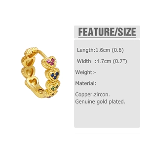 Détails des boucles d'oreilles cœur doré avec zircons colorés et spécifications de taille