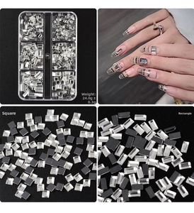 Detailed view of square nail rhinestones set in 6-grid box weighing 24.0g for DIY manicure