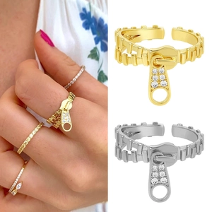 Vintage Zipper Shape Adjustable Open Ring For Women Copper Gold Silver Plated Rhinestone Creative Tassel Finger Ring Jewelry