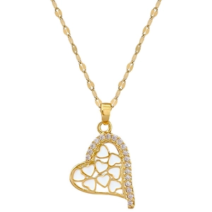 Luxury titanium steel heart necklace with white hollow patterns and pavé crystal border