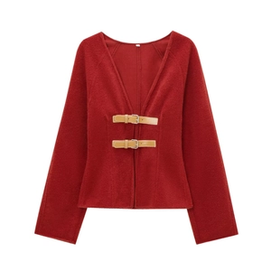Women's red short wool jacket with V-neck and stylish leather strap buckles