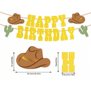 Cowboy themed Happy Birthday banner with glitter gold letters, hat and cactus icons