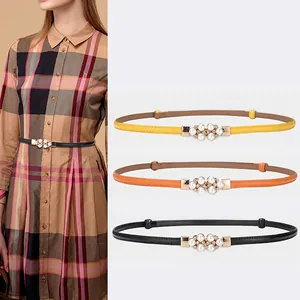 Women Thin Belt Genuine Cowhide Leather Artificial Pearl Rhinestone Buckle Adjustable Elegant Waistband For Dresses