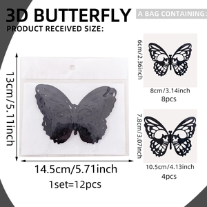 Detailed size specifications for 12pcs black 3D skull rose butterfly wall stickers set