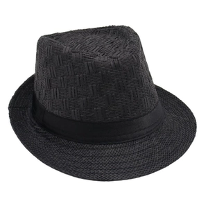 Detailed close-up of woven paper straw texture and satin band on a black jazz fedora hat