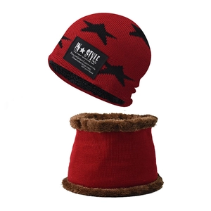 Detail of red winter knit hat and neck warmer set with warm plush lining and star embroidery