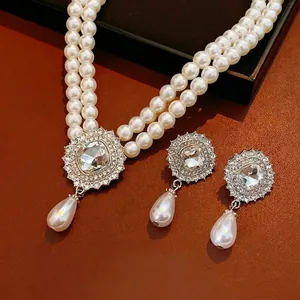 Double Layer Artificial Pearl Necklace And Water Drop Earrings With Silver Earring Post Rhinestone Vintage Luxury For Women