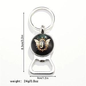 Silver metal keychain bottle opener with golden letter J in a vintage crest pendant