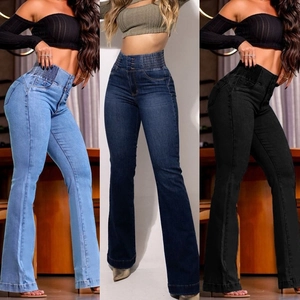 Women High Waist Flare Jeans Elastic Smocked Waist Slim Fit Stretch Denim Trousers Multi Button Closure Butt Lifting
