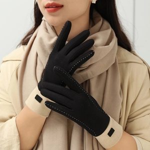Women's warm winter fleece gloves in black and beige suede with touch screen support