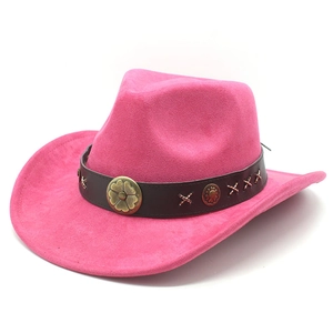 Pink faux suede western cowboy hat with brown leather band and metallic studs
