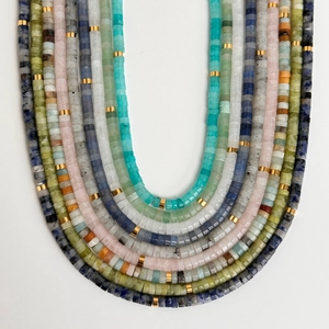 Morandi natural stone Heishi beaded necklace with colorful flat round beads and gold spacers