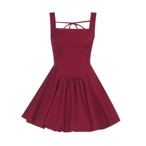 Women's burgundy sleeveless square neck party dress with a flared skirt and back straps