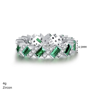 Detail of S925 emerald cut emerald ring showing 4g weight, 4.5mm width and zircon material