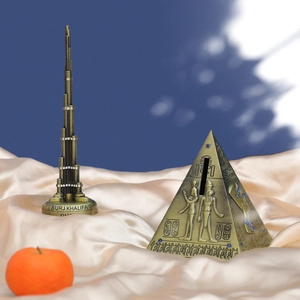 Bronze Burj Khalifa and Egyptian Pyramid metal miniature set with rhinestone accents
