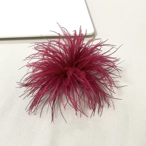 Macro shot of fluffy wine red ostrich feather brooch for elegant dress decoration