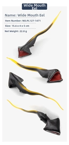 Macro view of realistic gulper eel toy model with detailed black body and yellow stripes