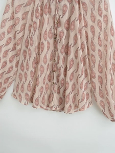 French style pleated long sleeve shirt with metallic paisley print in light pink