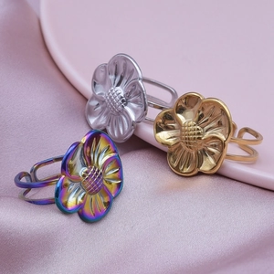 Adjustable 304 stainless steel sunflower rings in gold, silver, and iridescent finishes