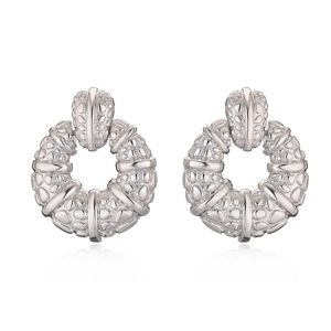 Silver embossed round pendant earrings with textured finish and mirror reflection