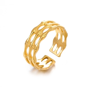 Three-layer golden bamboo texture open ring with vintage geometric hollow design for women
