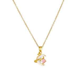 Elegant gold celestial necklace with colorful moon pendant and pink star gemstone