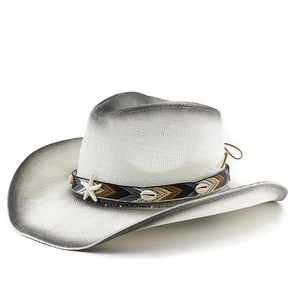 Western straw cowboy hat with wide brim gradient color and shell decoration for sun protection