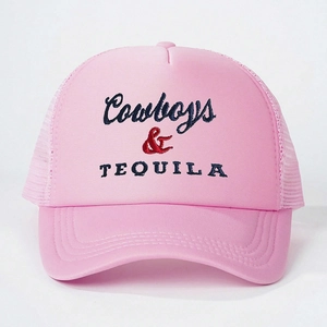 Pink Cowboys & TEQUILA embroidered trucker hat with breathable mesh and curved brim