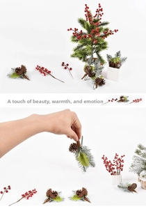 Close-up of artificial red berries and pine cones for Christmas tree DIY decorations