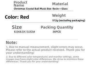 Specifications of red Christmas crystal ball music box in resin and glass 8x8x13cm
