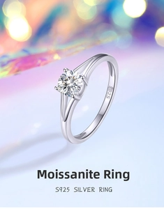 Close-up of S925 silver moissanite ring with four-prong setting and hallmark detail