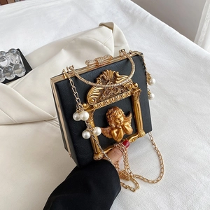 Baroque Angel Relief Crossbody Bag PU Leather Flower Decor Artificial Pearl Chain Strap Vintage Square Box Handbag For Women Party Evening