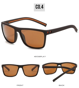 Multi-angle view of sports polarized sunglasses with black frame and orange anti-slip grip