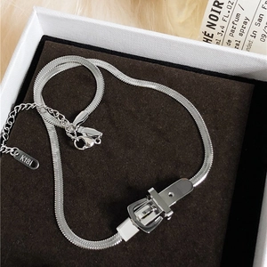 Silver snake chain necklace with a buckle pendant and extension chain in a jewelry box