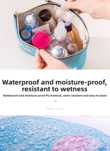Detail showing waterproof PU leather texture with water drops on floral makeup bag