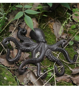 Detailaufnahme eines antiken Oktopus-Wandhakens aus Gusseisen in natürlicher Umgebung