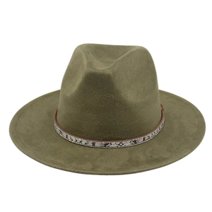 Detail of olive green wool felt fedora featuring a snake skin band with rhinestones