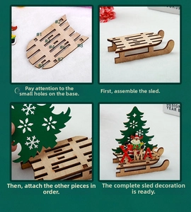 Step-by-step DIY assembly guide for a wooden Christmas sleigh with a tree and reindeer