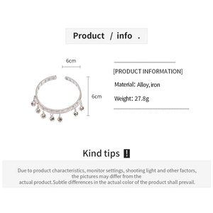 Spécifications du bracelet cloche en argent montrant le diamètre 6cm et l'alliage 27,8g