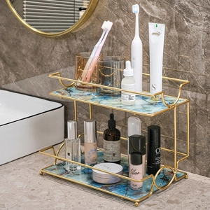 Zweistufiger Luxus-Bad-Organizer mit Goldrahmen und blauen Marmor-Ablagen