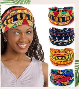 Detailed view of elastic African print headbands with bohemian geometric patterns