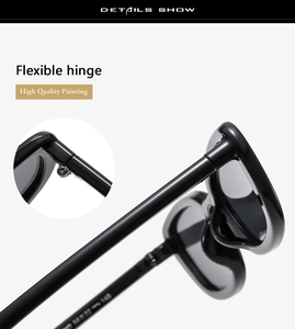 Macro detail of high-quality flexible hinge and metal hardware on black sunglasses