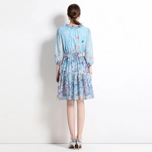 Elegant sky blue floral chiffon dress with lantern sleeves and back view of model