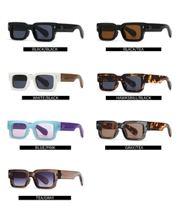 Flat lay of retro square sunglasses in seven colorways with triple metal rivet details